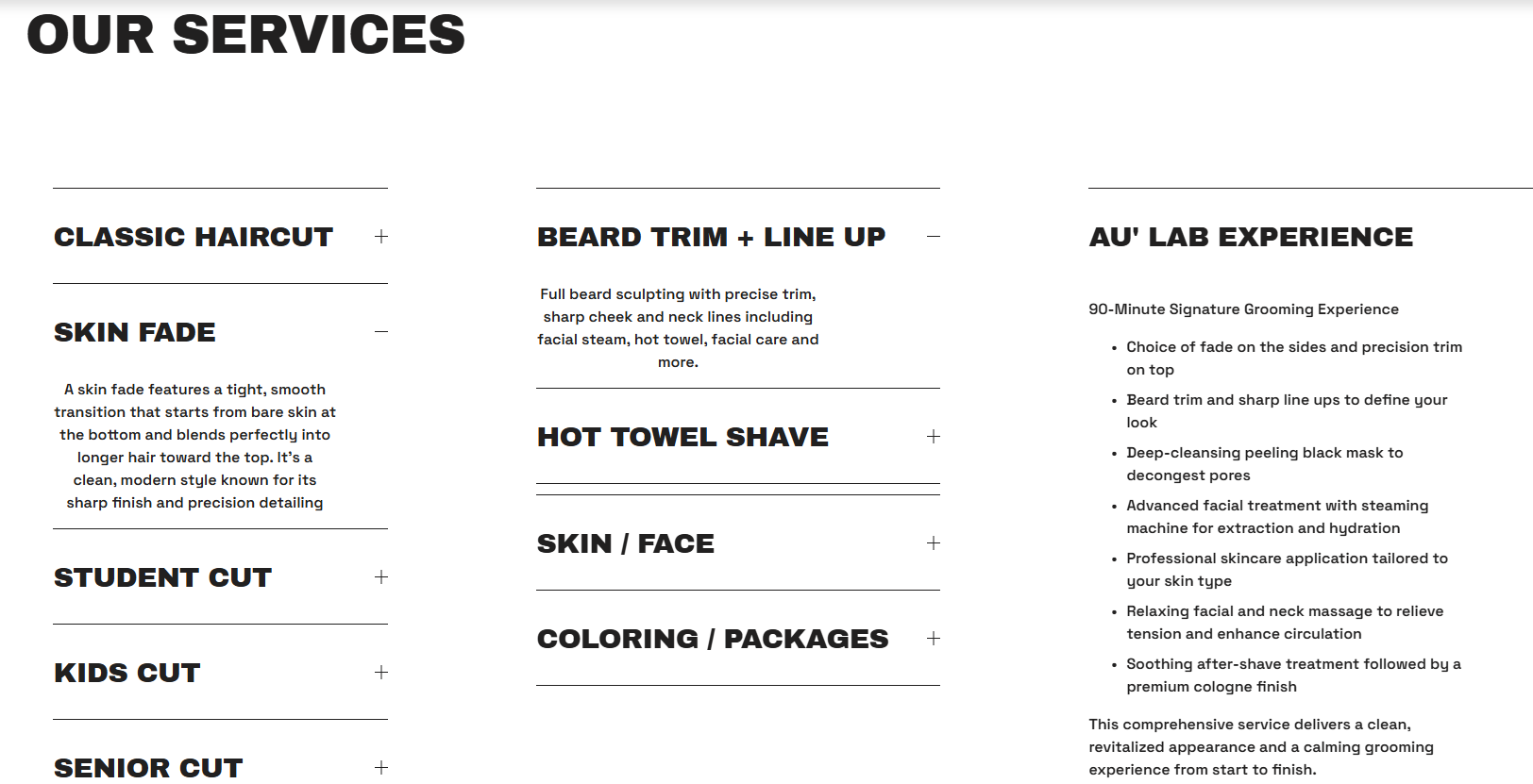 Au Lab services section with detailed offerings